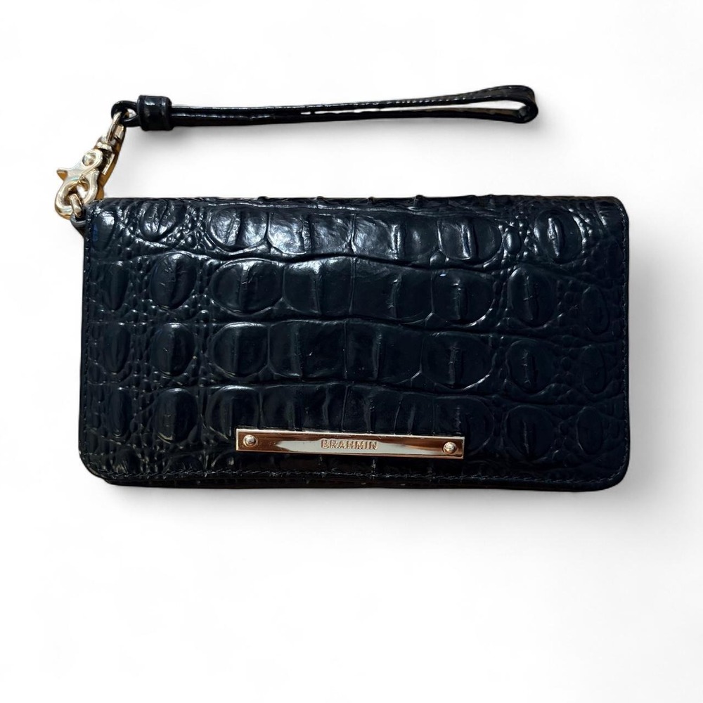 Brahmin Black Crocodile Embossed Leather Wristlet Wallet Organizer
